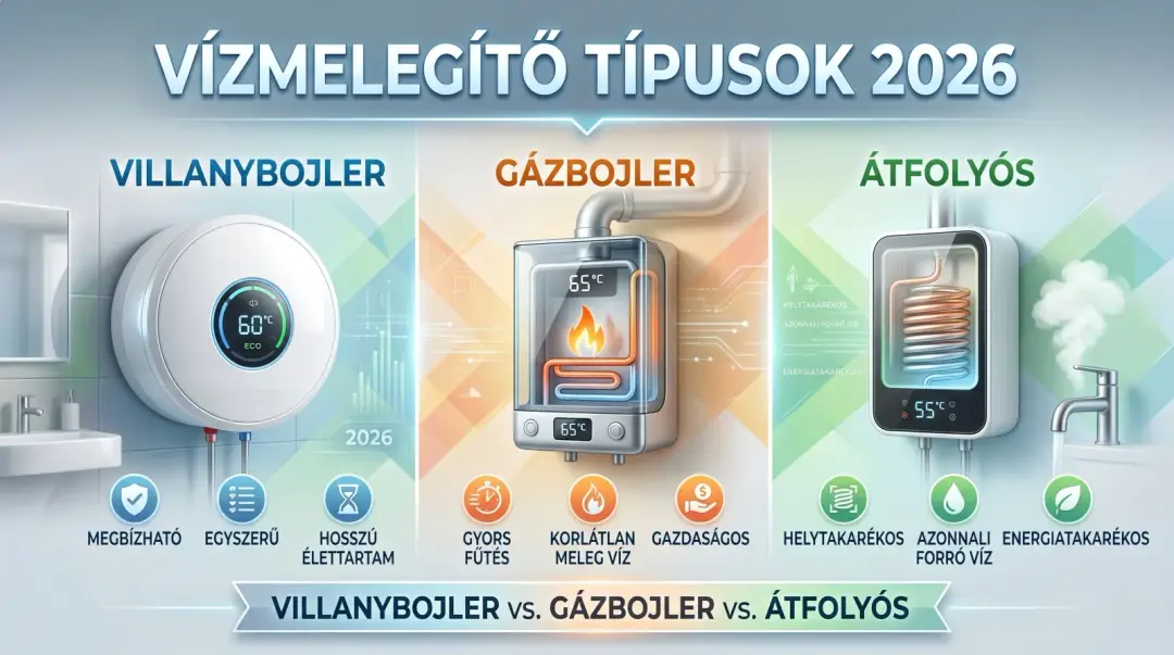 Vízmelegítő típusok 2026 – villanybojler vs. gázbojler vs. átfolyós